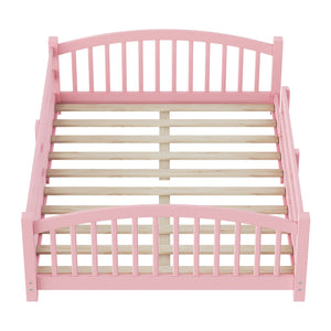 English Elm Full Montessori Pine Wood Floor Bed with Safety Rails Low Profile Kids Room Frame Pink N733P400299H