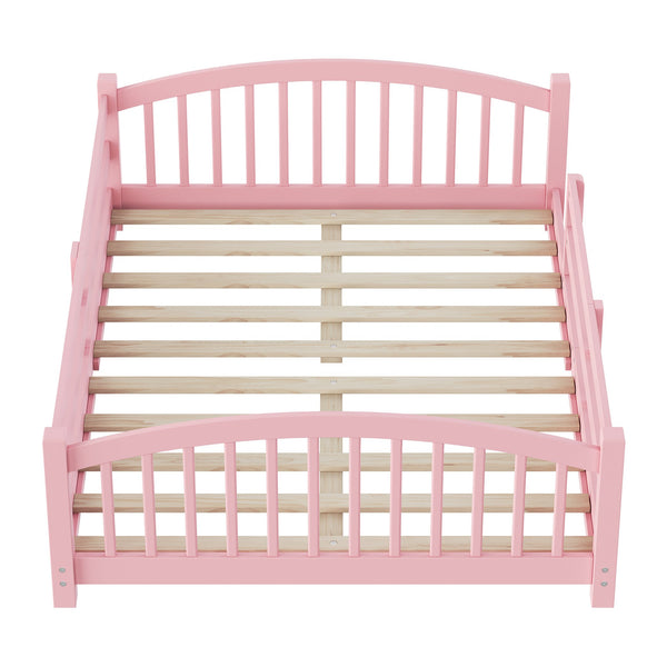 English Elm Full Montessori Pine Wood Floor Bed with Safety Rails Low Profile Kids Room Frame Pink N733P400299H