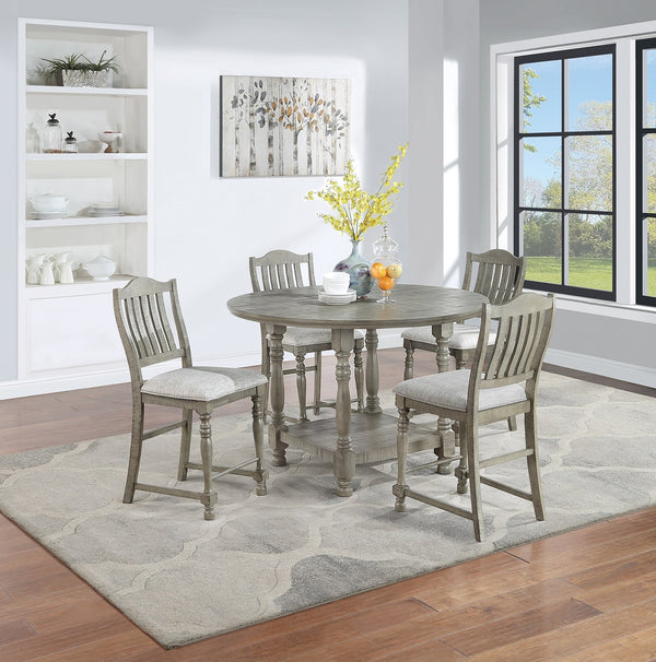 English Elm Dining Set Five Piece Round Counter Height Acacia Wood Table Four Upholstered Chairs B011S00974