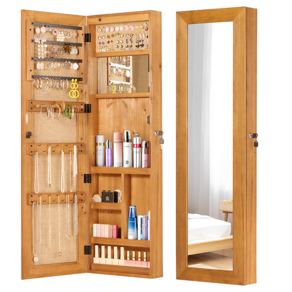 English Elm Solid Wood Wall Mounted Jewelry Armoire with Led Lighting Auto Activated Mirror Cabinet Light Brown W2640P356579