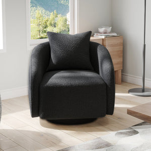 English Elm Swivel Barrel Armchair in Teddy Fabric with Lumbar Pillow and Solid Wood Legs Dark Gray T3623P430701
