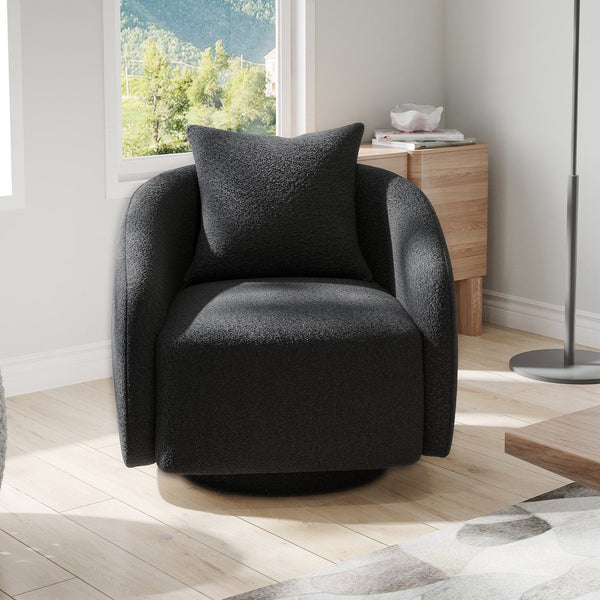 English Elm Swivel Barrel Armchair in Teddy Fabric with Lumbar Pillow and Solid Wood Legs Dark Gray T3623P430701
