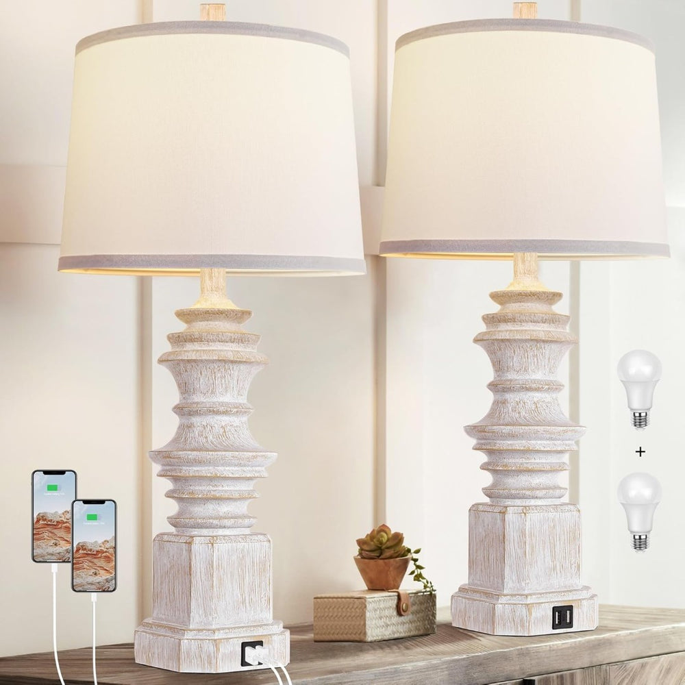 English Elm Table Lamps Set Of 2 With Usb Ports – Farmhouse Style Bedside Lighting, 3 Color Modes & Eye-Friendly Design W3355P323259-GIGA
