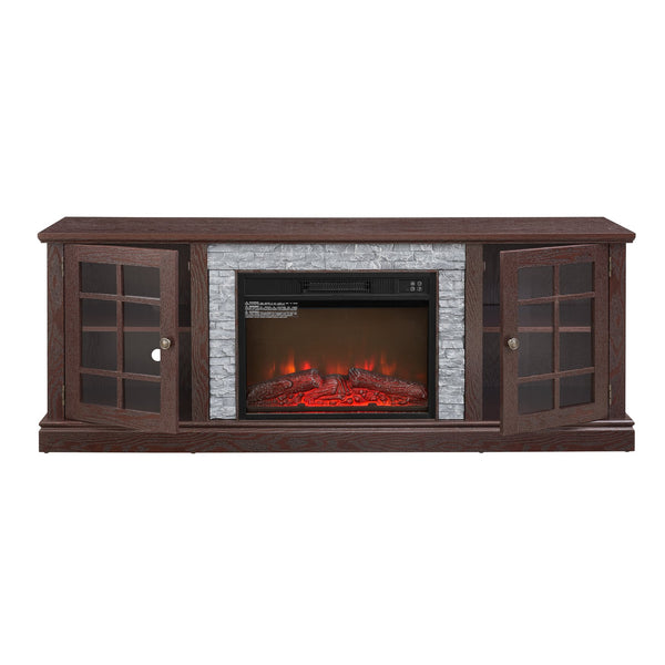 English Elm 70" Modern TV Stand with 23" Electric Fireplace, Faux Stone Mantel, Ample Storage & Cable Management Cherry W2275S00023