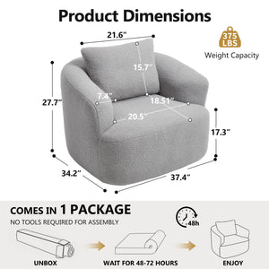 English Elm 360° Swivel Barrel Chair Teddy Fleece Upholstery with Pillow for Bedroom Reading Nook Light Gray W1803P363036