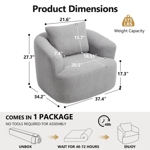 English Elm 360° Swivel Barrel Chair Teddy Fleece Upholstery with Pillow for Bedroom Reading Nook Light Gray W1803P363036