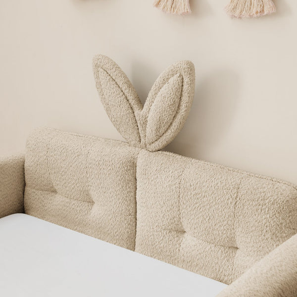 English Elm Twin Boucle Upholstered Kids Bed Whimsical Rabbit Ear Headboard with Safety Rail Camel W1413P407488