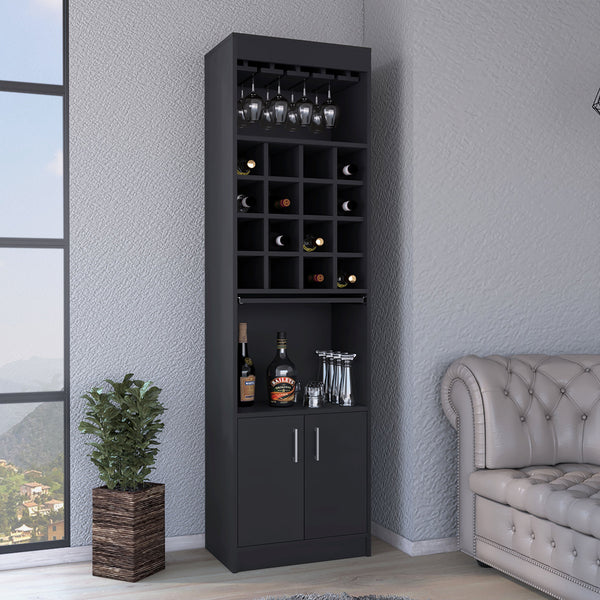 English Elm Being Kava Bar Cabinet Black - Double Door Storage, Two Shelves, 16 Wine Slots, Glass Rack, Easy Assembly B200S00174
