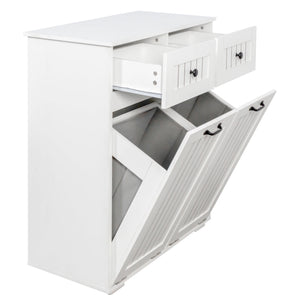 English Elm Laundry Sorting Cabinet with Two Hamper Bags Two Drawers and Melamine Finish W331P373959