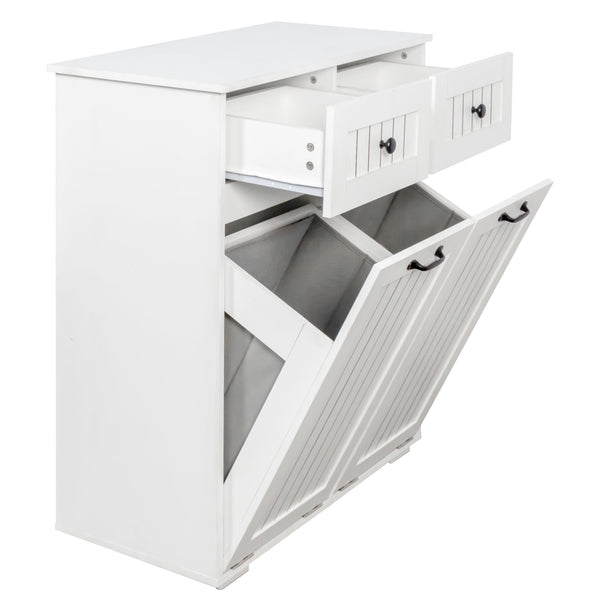 English Elm Laundry Sorting Cabinet with Two Hamper Bags Two Drawers and Melamine Finish W331P373959