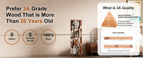 English Elm 100%solid Rubberwood Rotating Tower Bookcase with Locking Wheels 4 Tier Round Shelf W2987P337932