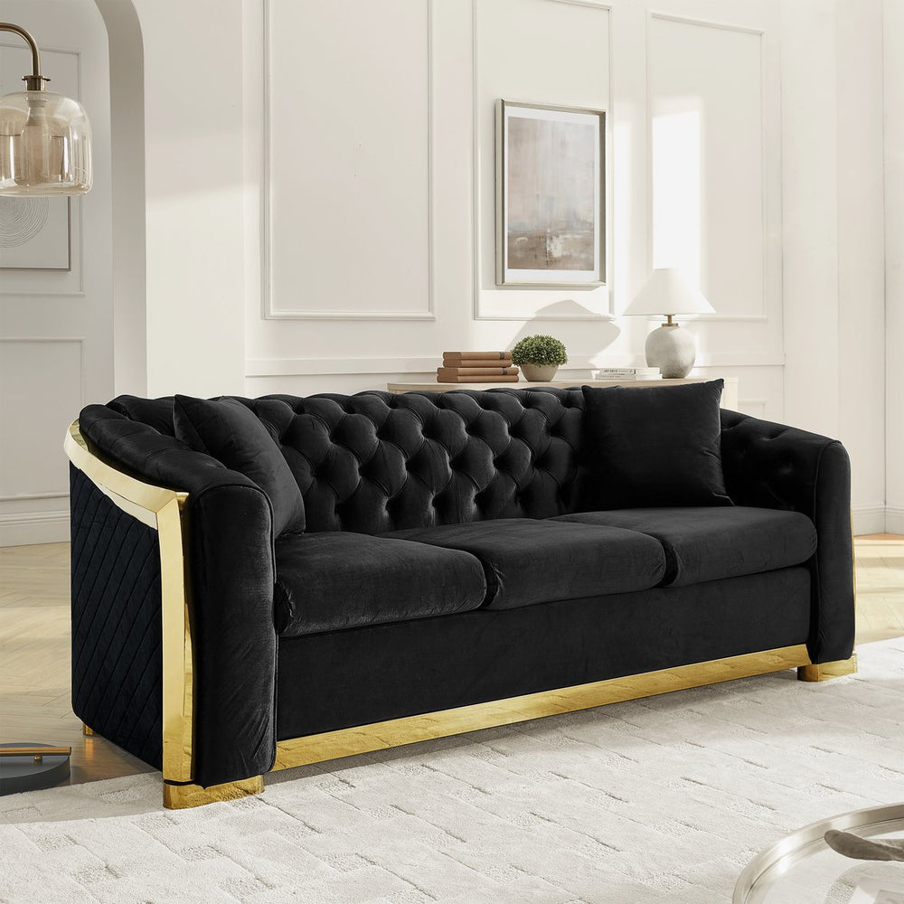English Elm 84" Velvet Tufted Chesterfield Sofa Mid Century Three Seat Gold Trim Living Room Black W1191S00112