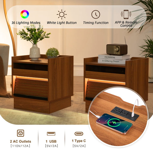 English Elm Christopher Knight Home® - Mid Mid Century Modern Nightstand with USB Charging Station, LED App-Control Lights, 2 Drawers, Sleek Design Yellow 22.24 L x 18.7 W x 7.09 H N761P255453Y