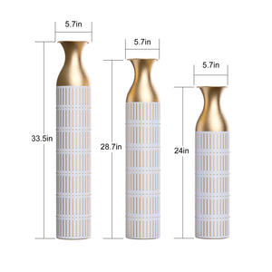 English Elm Floor White Metal Vases Set of 3 — Tall Glazed Cylinder Decor with Hammered Gold Trim, 24/28.7/33.5in W2796P193943