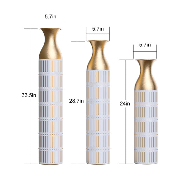 English Elm Floor White Metal Vases Set of 3 — Tall Glazed Cylinder Decor with Hammered Gold Trim, 24/28.7/33.5in W2796P193943
