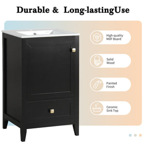 English Elm 20" Modern Bathroom Vanity With Ceramic Sink, Soft-Close Door, Drawer & Storage Rack In Black Finish N725P185452B