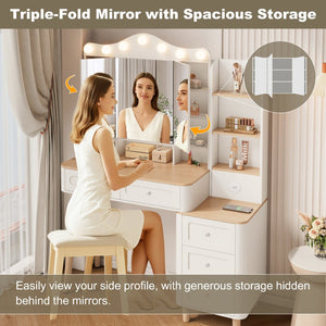 English Elm Vanity Desk With 3 Lighting Modes, Usb Ports, Foldable Mirror & Ample Storage For Small Spaces W3767S00001-GIGA