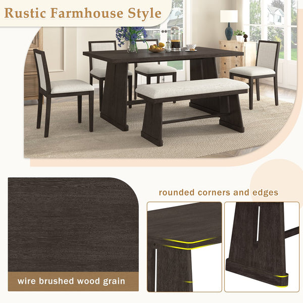 English Elm Trexm Six Piece Farmhouse Dining Set Wire Brushed Oak Veneer Table Linen Chairs Bench Espresso ST000155AAP