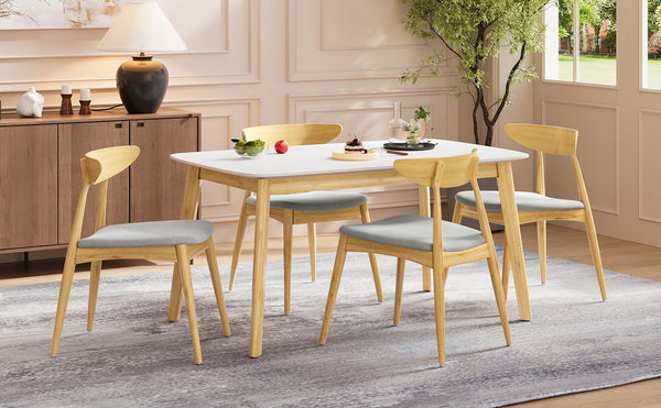 English Elm 5-piece Mid-century Rubberwood Dining Set with Upholstered Chairs for Kitchen or Room Beige+Natural,White Oak N759S003002B