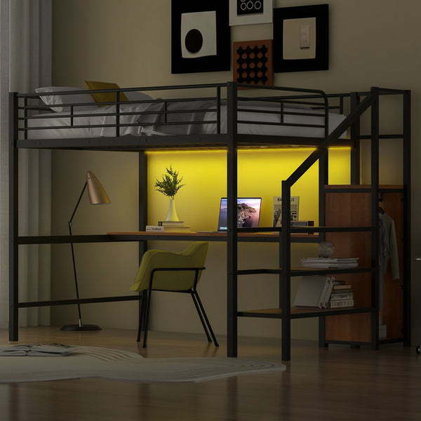 English Elm Full Size Metal Loft Bed With Desk, Storage Steps, Wardrobe, Led Light - Perfect For Small Spaces! GX000620AAB-1
