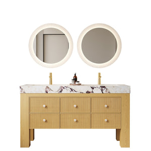 English Elm LONIS 60" Viola Calacatta Purple Sintered Stone Vanity with Double Ceramic Basins, 6-Drawer Oak W2615P279361