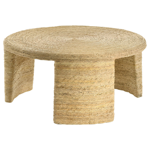 English Elm Mize Natural Woven Rattan Round Coffee Table with Tapered Legs, Coastal Banana Leaf Finish, 36"Wide B062P358426