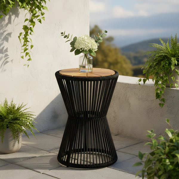 English Elm Outdoor Acacia Wood Top Side Table Woven Rope Iron Frame Hourglass Patio Accent Black,Teak N770P354691B