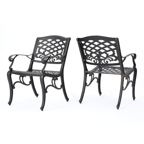 English Elm Phoenix Cast Aluminum Outdoor Dining Arm Chairs Ornate Lattice Scroll Garden Set Copper 54589.00SHNCOP