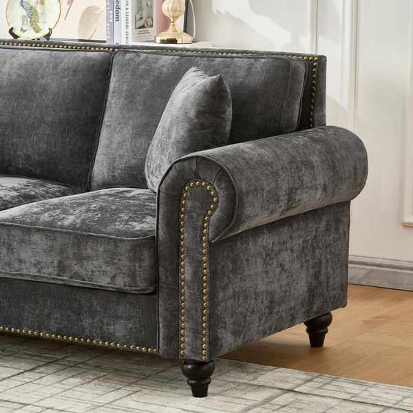 English Elm Modern Chenille 3+2 Seater Sofa with Rolled Arms, Velvet Touch, Nailhead Trim, Solid Wood Legs, Cozy Gray W3373S00021