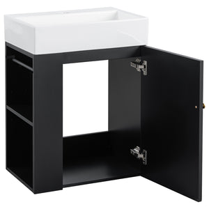 English Elm 20 Modern Wall-Mounted Bathroom Vanity with Ceramic Sink, Diamond Door, Gold Handles & Shelves — Compact Black N725P314033B