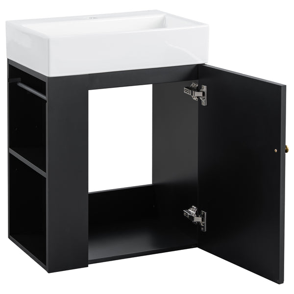 English Elm 20 Modern Wall-Mounted Bathroom Vanity with Ceramic Sink, Diamond Door, Gold Handles & Shelves — Compact Black N725P314033B
