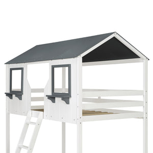 English Elm Twin Over Playhouse Bunk Bed Solid Pine Frame with Roof Windows Guardrail LT100045AAK-1