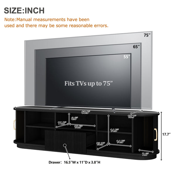 English Elm Vintage Farmhouse Media Console with Slatted Sliding Doors and Brass Hardware for Living Room Black N721P427206B