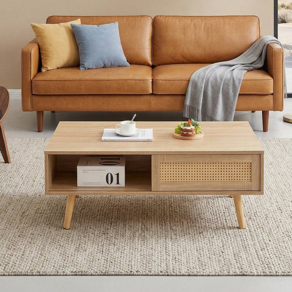 English Elm 41.34" Woven Rattan Coffee Table with Sliding Storage Door and Solid Wood Legs W126573113
