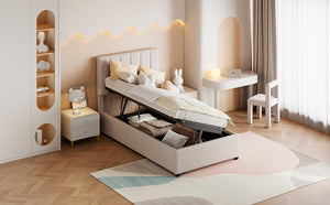 English Elm Twin Upholstered Hydraulic Storage Bed with Vertical Stripe Headboard, Space-Saving Modern Platform Beige SF000185AAA