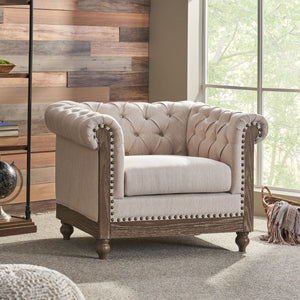 English Elm Christopher Knight Home® - CLUB Club Chair Chesterfield-Inspired Tufted PU Upholstery with Nailhead Trim, Scrolled Arms, Turned Legs Beige 39.25 L x 34.25 W x 25 H 72069.00FBGE