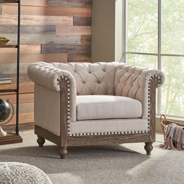 English Elm Christopher Knight Home® - CLUB Club Chair Chesterfield-Inspired Tufted PU Upholstery with Nailhead Trim, Scrolled Arms, Turned Legs Beige 39.25 L x 34.25 W x 25 H 72069.00FBGE