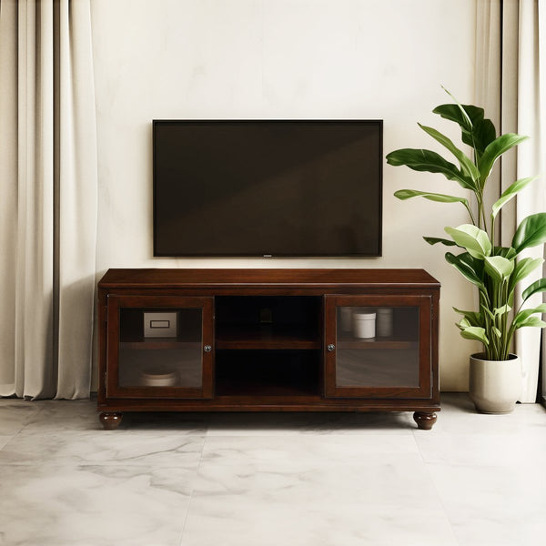 English Elm Dita Transitional Walnut TV Stand with Glass Doors & 2 Media Compartments, Holds 59" TV, 70lb B2726P300876
