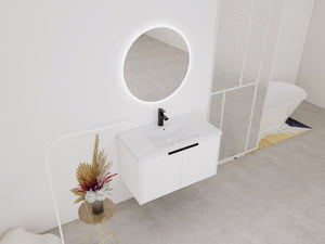 English Elm 36" Floating Bathroom Vanity with Resin Sink, Wavy Doors, Soft-Close Hinges & Durable Plywood Finish White W999P251811