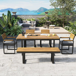 English Elm 6-piece Outdoor Acacia Wood Patio Dining Set with Cushioned Chairs Bench Steel Frame Gray N704G201255E