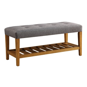 English Elm Grey Tufted Padded Seat Bench with Oak Frame, Slatted Storage Shelf, Gray Fabric, Modern Comfort B062P189180