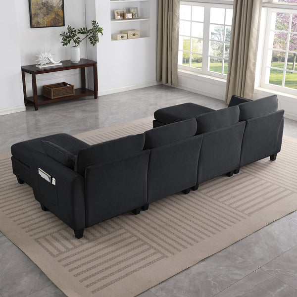 English Elm 102 Inch Linen Modular Sectional Sofa with Hidden Storage and Cloud Cushion Comfort Black W1099S00217