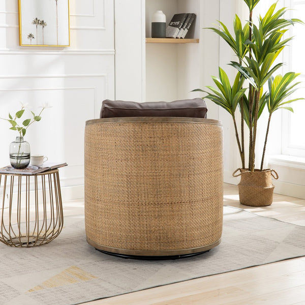 English Elm Swivel Barrel Chair Plush Leather Accent Seat with 360° Metal Base, Sturdy Hardwood Frame, 300lb Capacity Brown W395102739