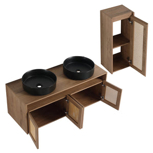 English Elm 48" Floating Bathroom Vanity Oak Finish Dual Ceramic Sinks Four Soft Close Doors W999S00499