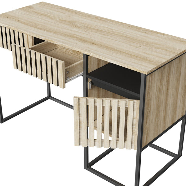 English Elm Fluted,Desk,Computer sleek natural+black slatted storage desk with 2 drawers & cabinet, MDF metal frame, versatile modern workspace solution W2673P209539