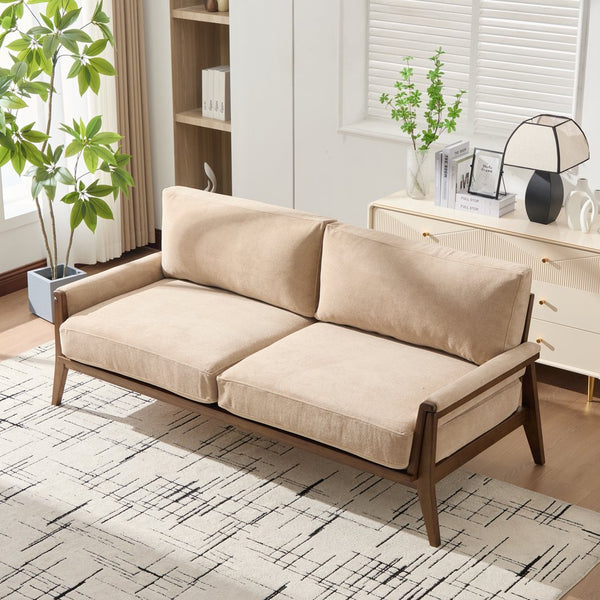 English Elm Mid-century Modern Boucle Upholstered Three Seat Sofa with Walnut Finish Wood Legs Camel N773P411407N