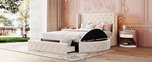 English Elm Upholstered Queen Platform Bed Velvet Wingback Storage Drawer with Side Stools LP100815AAA