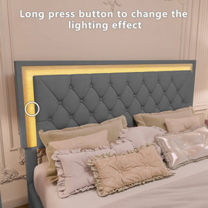 English Elm 3-Pieces Tufted Upholstered Platform Bed with Romantic LED Headboard and Two Storage Nightstands Gray 63.98 L x 23.23 W x 5.91 H N733S183659E