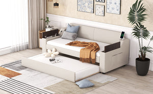 English Elm Twin Upholstery Daybed with Trundle, Storage Arms & USB Charging, Beige Linen, Durable Pine Frame SM000547AAA