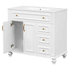 English Elm 36" Modern Bathroom Vanity with Ceramic Sink, Gold Handles, Flip-Out Drawer & Soft-Close Doors White N725P283623K